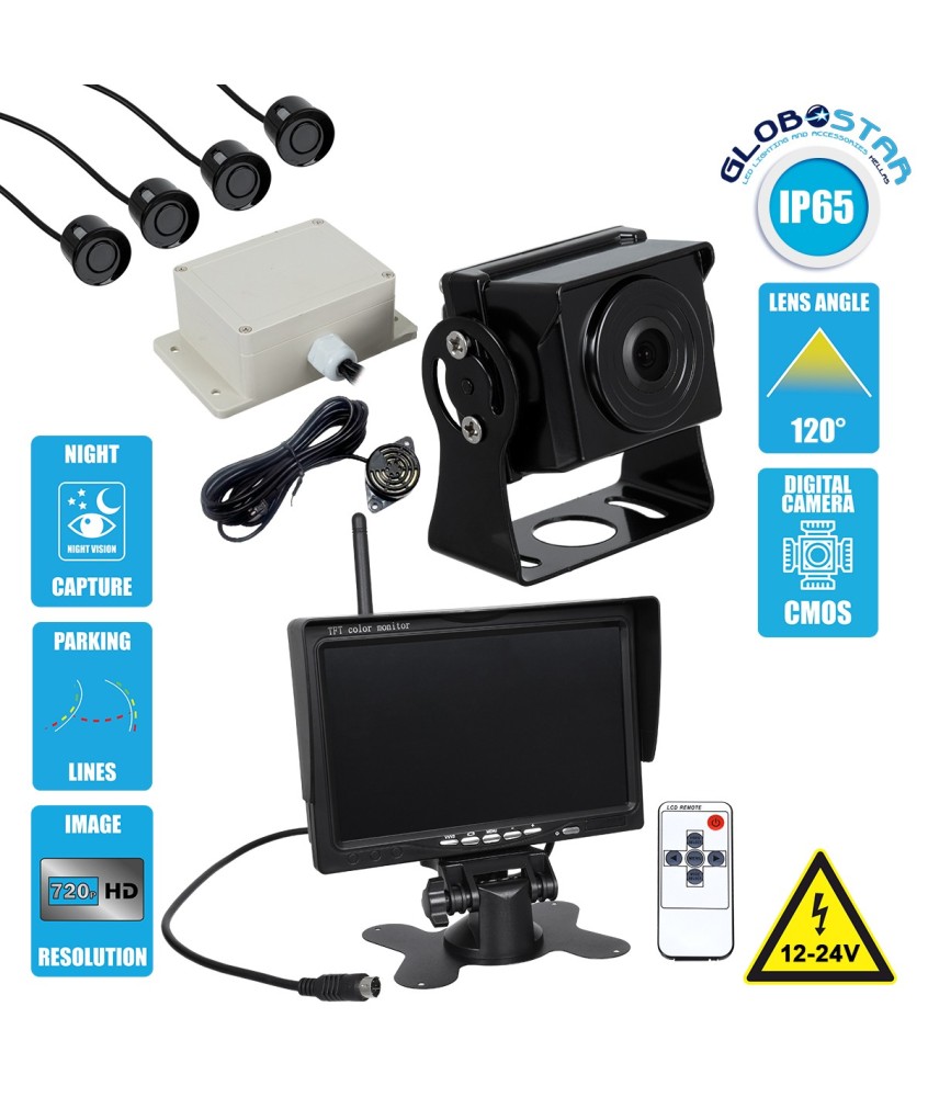 GloboStar® 86033 Έγχρωμη Κάμερα 720p CMOS HD Οπισθοπορείας Αυτοκινήτου-Φορτηγού DC 12-24V 170° με Οθόνη 7" DC 12-24V Night Capture με Parking Lines - Ασύρματο Χειριστήριο και ΚΙΤ Παρκαρίσματος με 4 Αισθητήρες Αδιάβροχο IP65